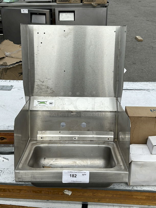 BRAND NEW SCRATCH & DENT! Regency 17" x 15" Wall Mounted Hand Sink with Side Splashes, Top Mounted Paper Towel, and Soap Dispenser - Image 3 of 5