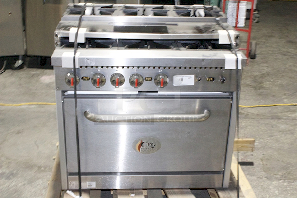 Cooking Performance Group S36-SU-N Gas 6 Burner 36" Step-Up Range with 1 Standard Oven, 210,000 BTU. Legs For Back Panel Supports Are Bent. 36x32-5/8x60-3/8  - Image 7 of 11