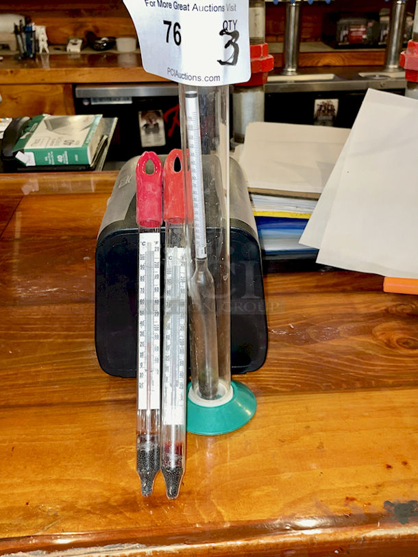 3-Piece (1) Triple Scale Hydrometer For Reading: Gravity, Potential Alcohol & Brix + Beaker and (2) Floating Glass Thermometers - Image 1 of 5