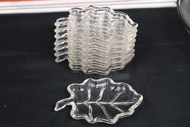 OUTSTANDING!! 52 Piece Glass and Ceramic Serving Set. (4) Orange Glass Patters, (5) Glass Candle Holders, (13) Hall China by Steelite International HL4340ABWA 12 oz. Round Bright White China Au Gratin / Shirred Egg Dish, (2) Glass Serving Dishes, (1) Oval Glass Serving Dish, (2) Ceramic Bowls, (2) Glass Star Candle Holders, (8) Vintage Glass Leaf Dishes - Image 5 of 12