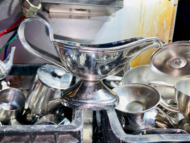 HUMONGOUS! Lot of Buffets/Catering Equipment. 
Includes (2) Crates of individual Frying Pans, (3) Containers of gravy boats, cream dispensers and etc, (1) container of Chefs Knives.  - Image 10 of 12