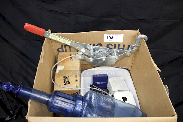 VARIETY LOT! San Jamar RCU64 Rapi-Kool® 128 oz. Food Chiller Cold Paddle, Carton Of Scotch Brite Professional Quick Clean Griddle Liquid, American Power Pull 18500 1-Ton Cable Puller. Features: 1-Ton Double Ratchet Drive; Releases Load One Notch At A Time; Laminated Steel Ratchet Wheel; 12-Foot Pull; Plated Steel For Rust Resistance and, Various Office Electronics. - Image 1 of 7