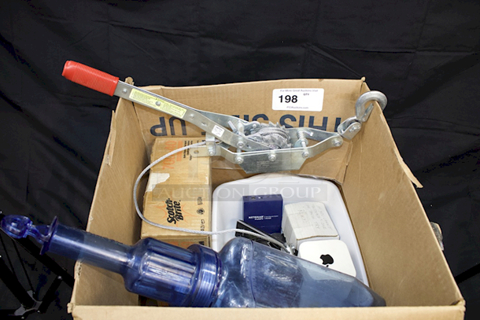 VARIETY LOT! San Jamar RCU64 Rapi-Kool® 128 oz. Food Chiller Cold Paddle, Carton Of Scotch Brite Professional Quick Clean Griddle Liquid, American Power Pull 18500 1-Ton Cable Puller. Features: 1-Ton Double Ratchet Drive; Releases Load One Notch At A Time; Laminated Steel Ratchet Wheel; 12-Foot Pull; Plated Steel For Rust Resistance and, Various Office Electronics.