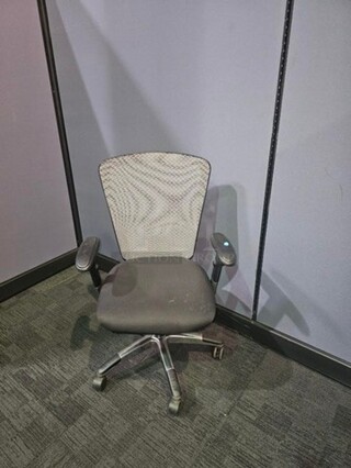 ALL ONE MONEY Open Plan brand office chair with armrests. Features a grayish mesh backing and black cushioned seat with black and gray metal frame on wheels. Set of 2. In good used condition. Measure 42” H x 25” W.  

