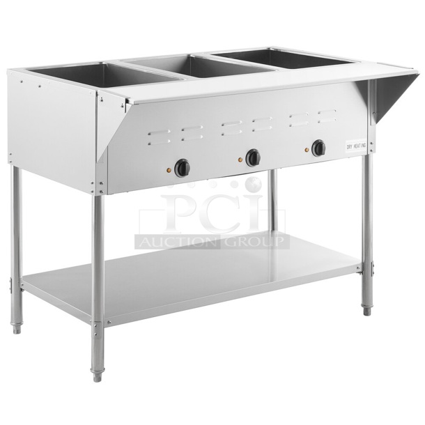 BRAND NEW SCRATCH AND DENT! 2023 Avantco 177STE3S Stainless Steel Commercial Floor Style Electric Powered 3 Bay Steam Table. Stock Picture Used as Gallery. 120 Volts, 1 Phase. Tested and Working! - Image 1 of 6