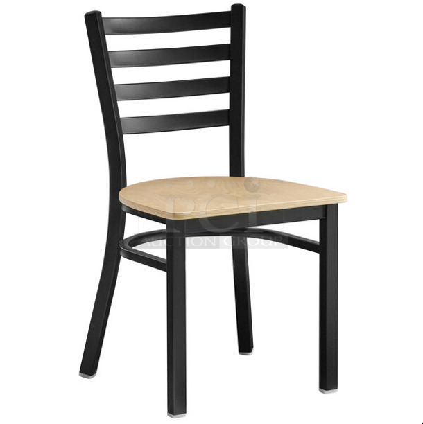 16 BRAND NEW SCRATCH AND DENT! Lancaster Table & Seating Black Metal Dining Height Chair Frames. Comes w/ 3 Boxes of 5 164CUSHMTLNT Natural Wood Pattern Seats. 16 Times Your Bid!