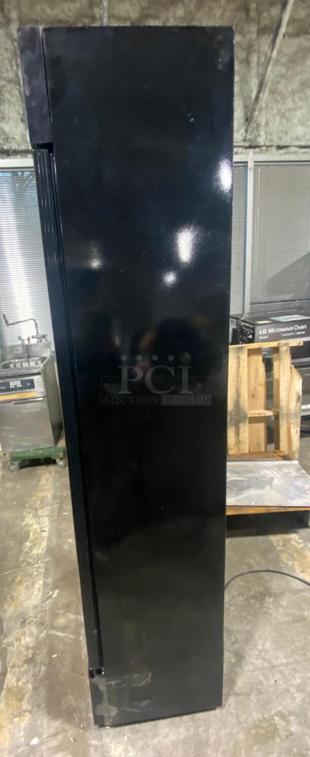 Galaxy GDN-5 16 1/2" Black Swing Glass Door Merchandiser Refrigerator with Red, White, and Blue LED Lighting - Image 3 of 4