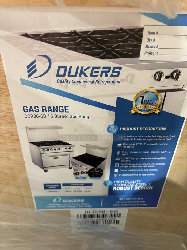 IN THE BOX BRAND NEW DUKERS SCRATCH N DENT DCR36-6B 36″ Commercial Gas Range, Six Open Burners - Image 2 of 3
