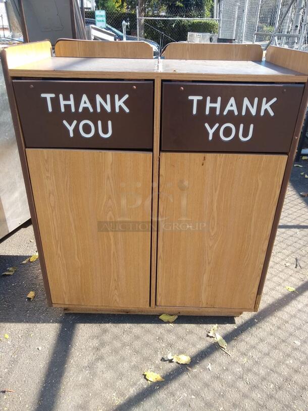 "THANK YOU!" LAMINATED WOODEN DOUBLE RESTAURANT TRASH CAN WITH CABINETS AND TRAY TOP
 - Image 1 of 5
