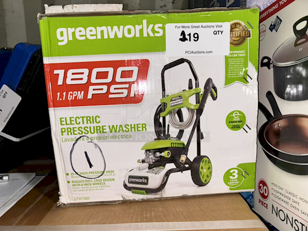 Greenworks GPW1803 1800PSI - 1.1GPM - Electric Pressure Washer W/ 25ft High-Pressure Hose & Rugged Roll Cage Design With 8-Inch Wheels. 