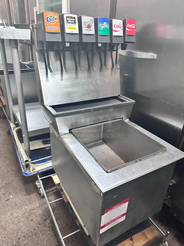 Commercial 6 Flavor Soda Dispenser Installed on Underbar Ice Bin w/ 100 lb Capacity - Cold Plate, Stainless Steel NSF - Item #1075168