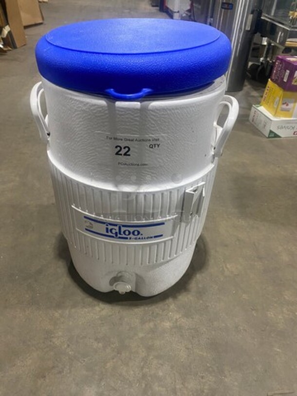 Igloo Blue and White Poly Portable 5 Gallon Beverage Cooler! With Lid! With Side Handles! - Image 1 of 6