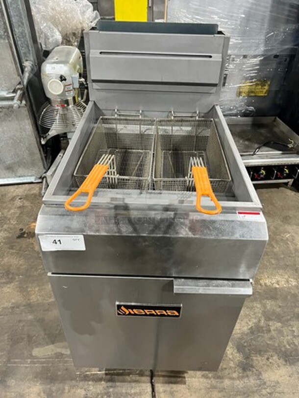 Like New! Sierra Commercial Natural Gas Powered Deep Fat Fryer! With 2 Metal Frying Baskets! With Backsplash! All Stainless Steel! On Casters! Model: SRF7580NG SN: 170802367