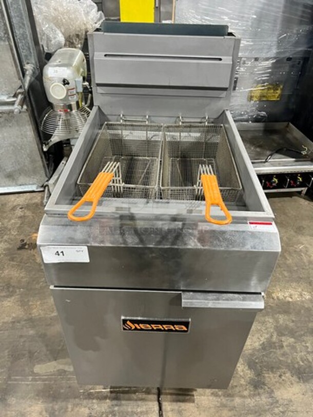 Like New! Sierra Commercial Natural Gas Powered Deep Fat Fryer! With 2 Metal Frying Baskets! With Backsplash! All Stainless Steel! On Casters! Model: SRF7580NG SN: 170802367 - Image 1 of 10