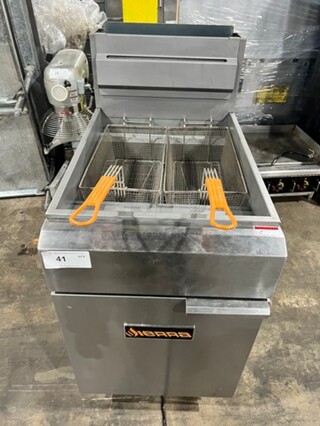 Like New! Sierra Commercial Natural Gas Powered Deep Fat Fryer! With 2 Metal Frying Baskets! With Backsplash! All Stainless Steel! On Casters! Model: SRF7580NG SN: 170802367