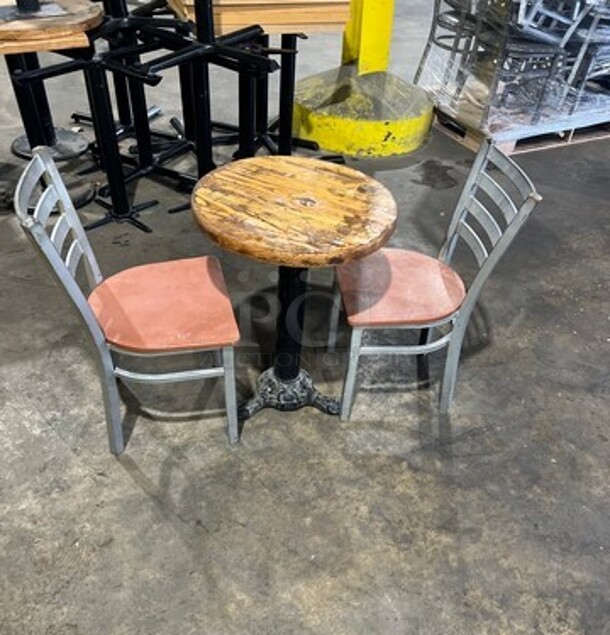 NICE! ALL ONE MONEY! Dining Set! Solid Wood 24" Round Dining Table! With Black Pedestal Base! With 2 Platinum Finish Metal Chairs! - Image 1 of 4