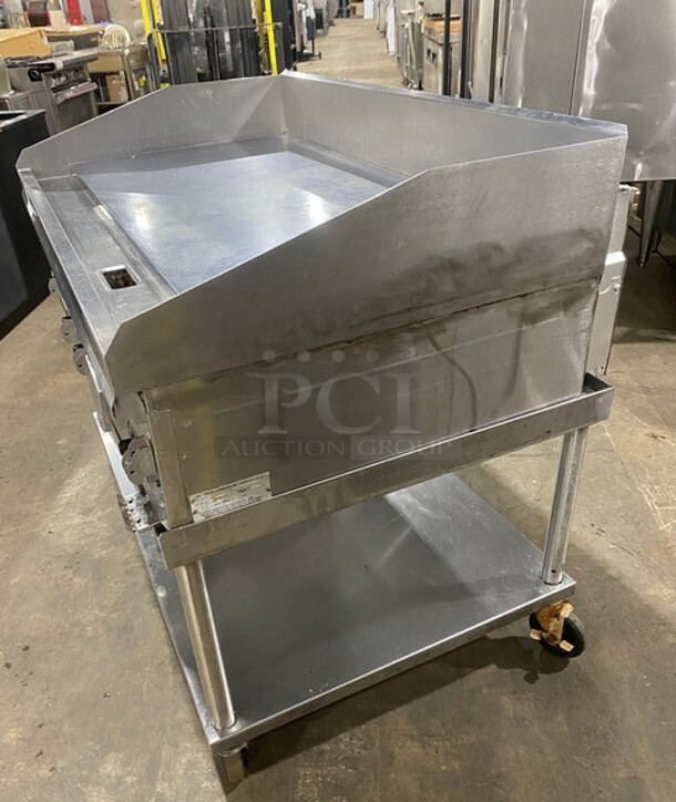 NICE! Lang Commercial Countertop Natural Gas Powered Flat Top Griddle! With Back And Side Splashes! On Equipment Stand! With Storage Space Underneath! All Stainless Steel! On Casters! Working When Removed! - Image 3 of 9