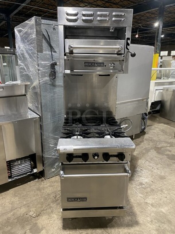 FAB! American Range Natural Gas Powered 4 Burner Range With Full Size Oven Underneath! With 24 Inch Salamander! On Commercial Casters! Working When Removed! 