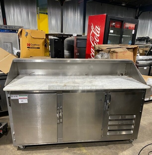 Bari Commercial Refrigerated Pizza Prep Table! With Marble Top! With 3 Door Storage Space Underneath! All Stainless Steel! On Casters! - Item #1103085