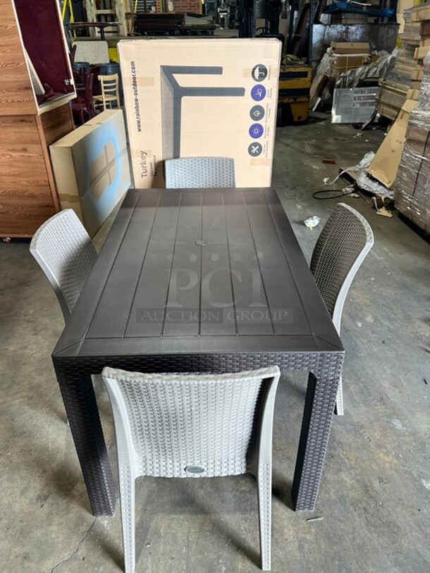 Brand New! Rainbow Arizona Heavy Duty Poly Outdoor Wicker Style Dining Table! With Four Heavy Duty Poly Wicker Style Starlux Dining Chairs! ALL ONE MONEY! - Image 1 of 7