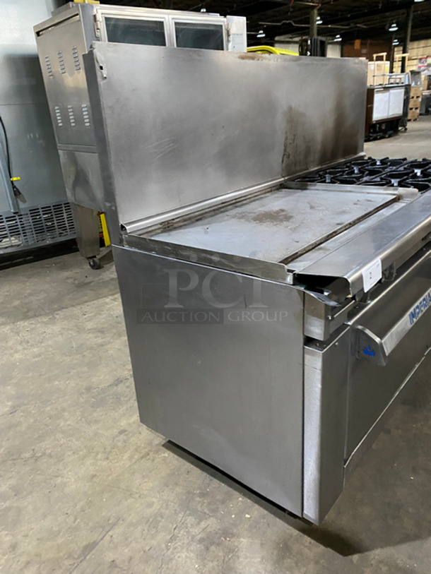 Sweet! Imperial Commercial Natural Gas Powered 6 Burner Stove With Left Side Flat Top Griddle! 2 Full Size Ovens Underneath! With Metal Oven Racks! Left Side Splash And Raised Back Splash!  All Stainless Steel! On Casters! - Image 2 of 11