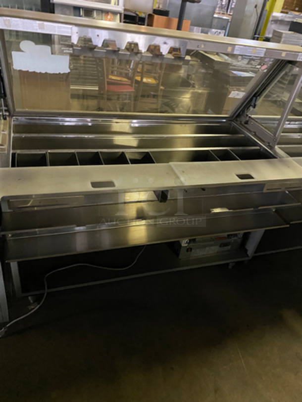 AMAZING! Duke Stainless Steel Commercial Subway Prep Line w/ Lowering Sneeze Guards. (1) Hot Well, (2) Refrigerated Prep Tables, (1) Point of Sale Station, 4 In Counter Cup Dispensers, (4) Chip Merchandisers, Credit Card Machine Mount and Rear Lower Dry Storage. Separates Into 4 Pieces! Model: SUBCPTC60M SN: 03051737 120V 60HZ 1 Phase - Image 5 of 8