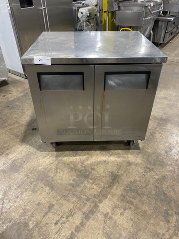 True Commercial 2 Door Lowboy/Worktop Cooler! With poly Coated Racks! All Stainless Steel! On Casters! Model: TUC36 SN: 13508645 115V 60HZ 1 Phase