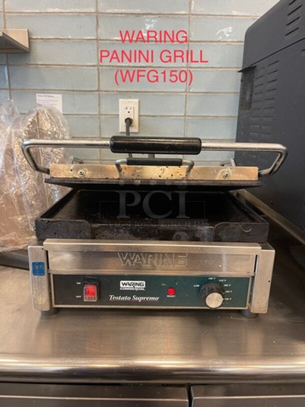 LATE MODEL! 2017 Waring Commercial Countertop Panini/Sandwich Supremo Grill! All Stainless Steel! Press With Flat Surface! WORKING WHEN REMOVED! Model: WPG250 120V - Image 1 of 9