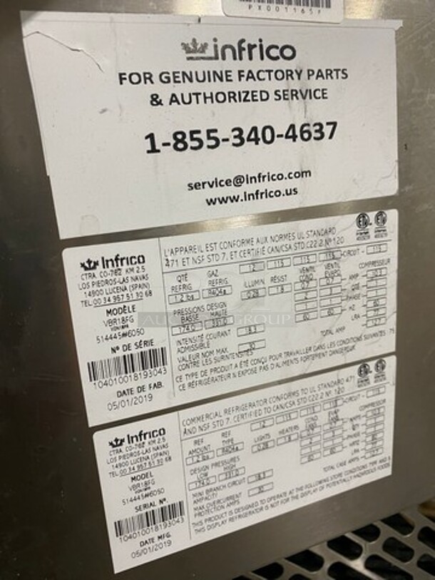 SCRATCH-N-DENT! LATE MODEL! 2019 Infrico Commercial Refrigerated Bakery Display Case Merchandiser! With Sliding Rear Access Doors! Stainless Steel Body! Model: VBR18FG SN: 104010018193043 115V 60HZ 1 Phase! Top Glass Is Broken! - Image 7 of 11