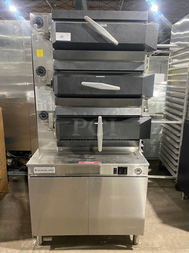 WOW! Cleveland Stainless Steel Commercial Floor Style Natural Gas Powered 3 Deck Pressure Steam Cabinet!! MODEL PGM3003 SN:190323050457 115V 1PH