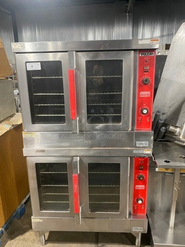 Vulcan Commercial Natural Gas Powered Double Deck Convection Oven! With View Through Doors! Metal Oven Racks! All Stainless Steel! On Legs! 2x Your Bid Makes One Unit! WORKING WHEN REMOVED! - Image 1 of 11