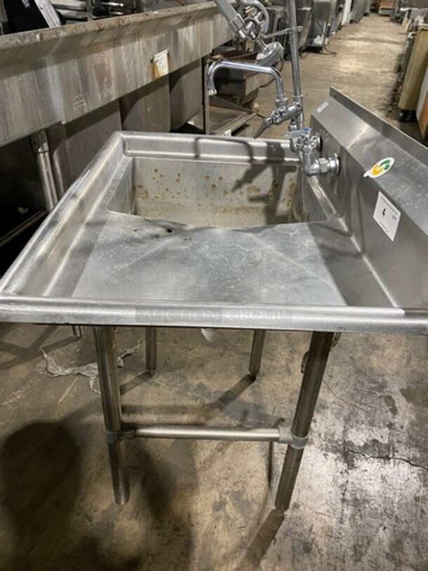 Sani Safe Commercial Single Compartment Dish Washing Sink! With Single Side Drain Board! With Jet Spray Assembly, Faucet And Handles! All Stainless Steel! On Legs! (Measurements Are With Out Jet Spray) - Image 4 of 9