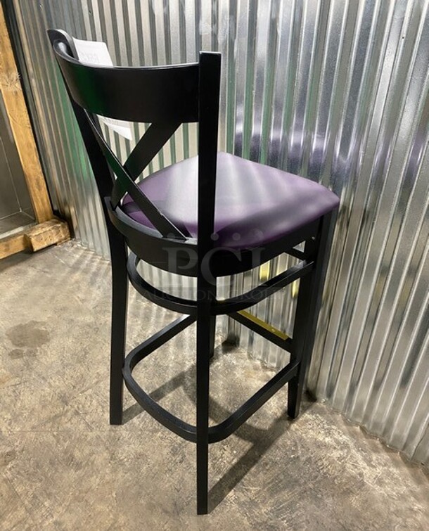 WOW! New! Solid Beech Wood Cross Back Commercial Bar Stool! With Purple Vinyl Seat! 2x Your Bid! - Image 4 of 7