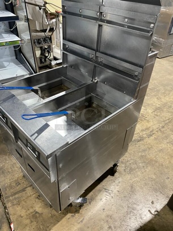 DON'T MISS OUT! AMAZING! Pitco Frialator Stainless Steel Commercial Natural Gas Powered 2 Bay Deep Fat Fryer w/2 Metal Fry Baskets! Oil filter System. On Commercial Casters! MODEL SSH55 Serial G18CE021564.  - Image 3 of 10