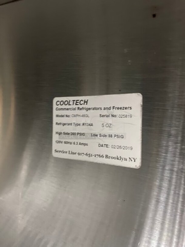 LATE MODEL! 2019 Cool Tech Commercial 2 Door Bar Back Cooler! With View Through Doors! All Stainless Steel! On Casters! Model: CMPH48GL SN: 025819 120V! Working When Removed! - Image 8 of 9