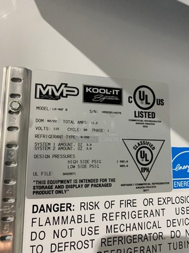NICE! NEW! SCRATCH-N-DENT! LATE MODEL! 2022 Kool It Commercial Refrigerated 2 Door Reach In Cooler Merchandiser! With View Through Doors! With Poly Coated Racks! With Casters! Model: LX46FB SN: H89220100279 115V 60HZ 1 Phase! Left Side Outter Glass Is Shattered!  - Image 8 of 11