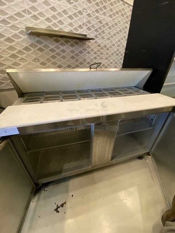 Continental Commercial Refrigerated Sandwich Prep Table! With Commercial Cutting Board! With 2 Door Storage Space Underneath! All Stainless Steel! On Casters! WORKING WHEN REMOVED! Model: SW6016 SN: 15875040 115V 60HZ 1 Phase - Image 4 of 9
