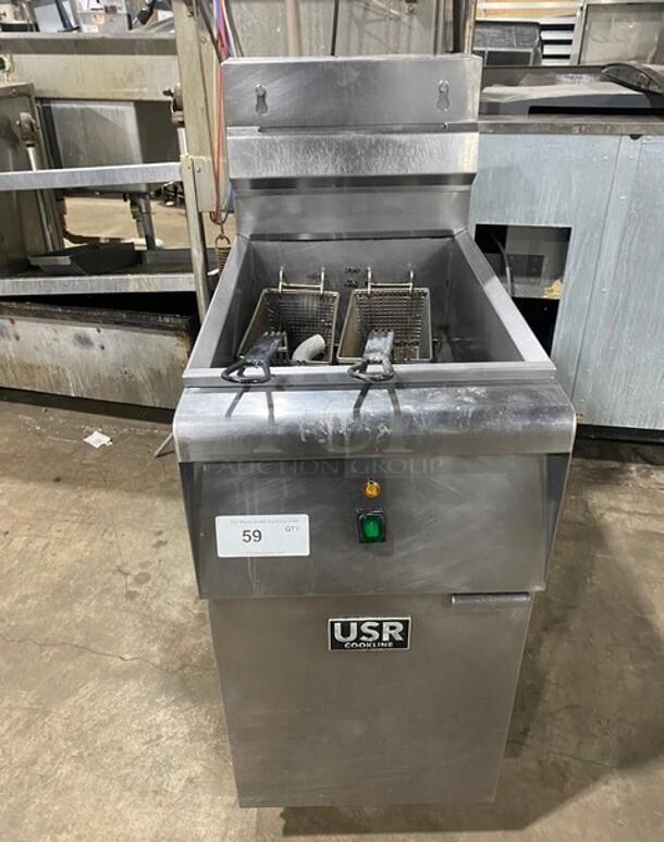 USR Cookline Stainless Steel Commercial Floor Style Deep Fat Fryer w/ 2 Metal Fry Baskets on Legs! - Image 1 of 7