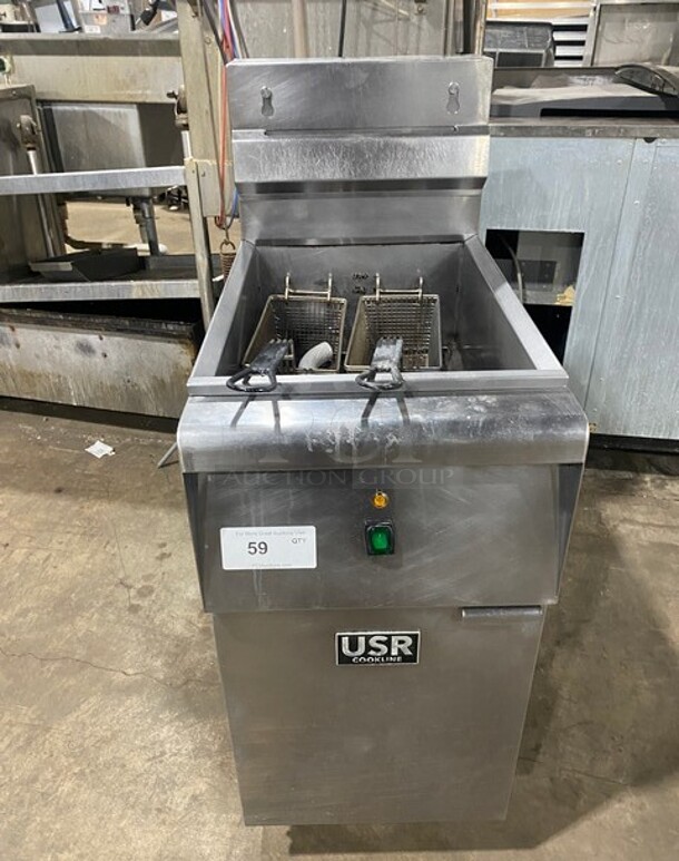 USR Cookline Stainless Steel Commercial Floor Style Natural Gas Powered Deep Fat Fryer w/ 2 Metal Fry Baskets on Legs! - Item #1112013