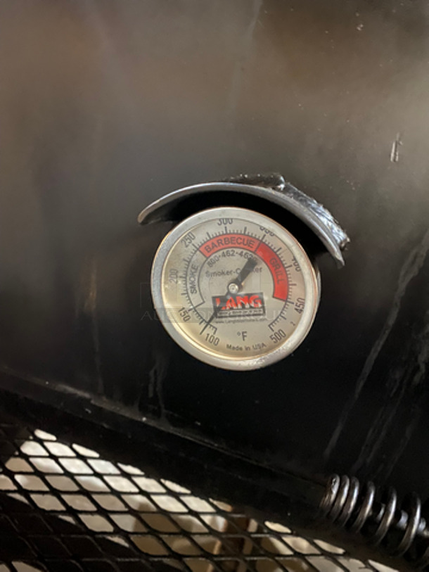 AMAZING FIND! Lang Commercial 60 Deluxe BBQ Smoker Cooker On Mobile Trailer Frame! With Firewood Rib Box! With Warmer Box And 4 Racks! - Image 11 of 12