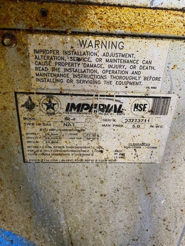 Imperial Commercial Natural Gas Powered 4 Burner Stove! With Raised Back Splash And Salamander Shelf! With Oven Underneath! All Stainless Steel! On Casters! Model: IR4 SN: 03273711 - Image 7 of 10