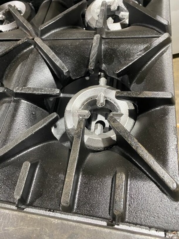 Sunfire Commercial Natural Gas Powered 6 Burner Stove! With Raised Back Splash And Salamander Shelf! With Oven Underneath! All Stainless Steel! On Casters! Working When Removed!  - Image 6 of 10
