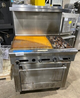 Us Range Stainless Steel Commercial Natural Gas Powered 2 Burner Range w/ Left Side Flat Top Griddle! With Oven And Back Splash! On Commercial Casters!