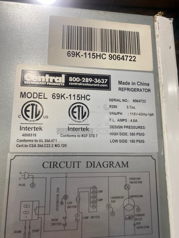 LATE MODEL 2019! Central Commercial 2 Door Reach In Refrigerator Merchandiser! With Poly Coated Racks! With View Through Doors! Model 69K115HC Serial 9064722! 115V 1Phase! Working When Removed! - Image 4 of 7