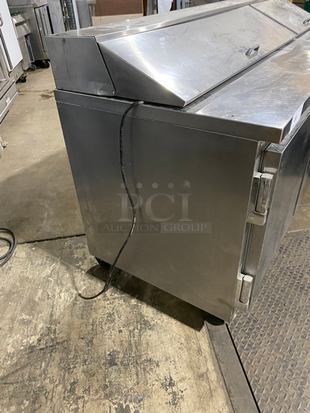 Beverage Air Commercial Refrigerated Sandwich Prep Table! With 3 Door Storage Space Underneath! All Stainless Steel! On Casters! Model: SP7218 SN: 7602388! Powers On But Does Not Get Down To Temp! 115V 60HZ 1 Phase!  - Image 2 of 9