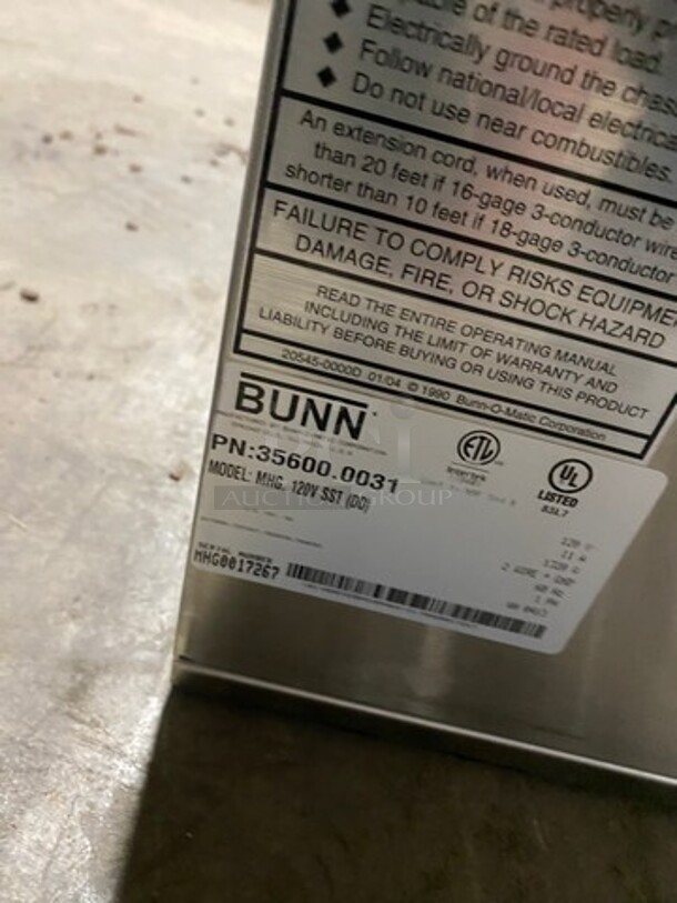 Bunn Commercial Countertop Dual Coffee Bean Grinder Machine! Stainless Steel Body! Model: MHG SN: MHG0017267 120V 60HZ 1 Phase - Image 7 of 8