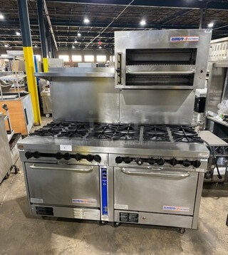 WOW! Hussmann Southbend Stainless Steel Commercial 12 Burner Stove! With One Full Size Convection Oven And Full Size Oven! With Raised Back Splash And Salamander Overhead! On Commercial Casters! Working When Removed!