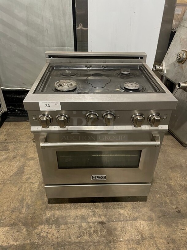 ZLine Natural Gas Powered 4 Burner Stove! All Stainless Steel! With Full Oven Underneath! On Legs! 120V! Model: RGS-30 SN: 20080776039! - Image 1 of 10