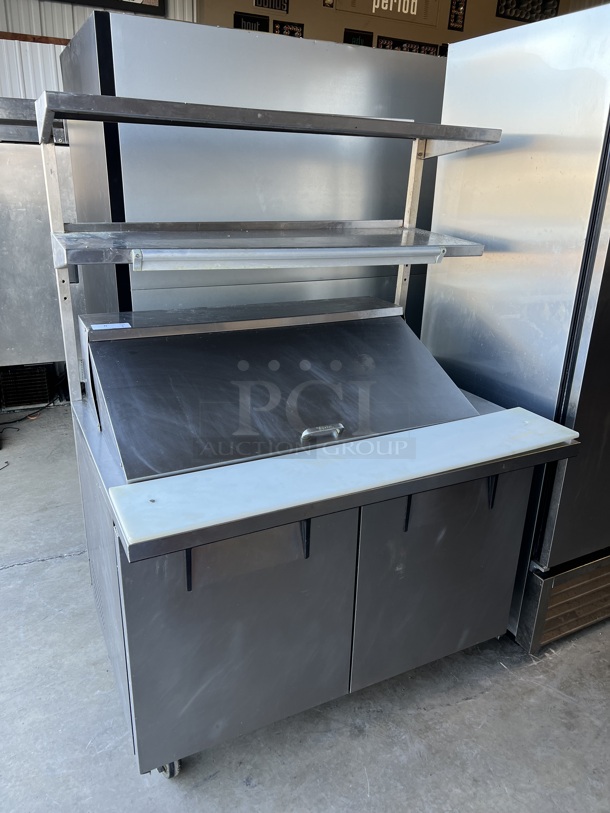 2012 True TSSU-48-18M-B Stainless Steel Commercial Sandwich Salad Prep Table Bain Marie Mega Top w/ 2 Tier Over Shelf on Commercial Casters. 115 Volts, 1 Phase. 48x36x69. Tested and Working! - Image 3 of 9