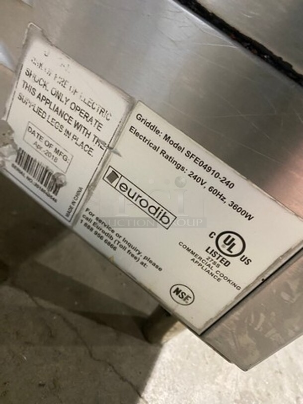 LATE MODEL! 2018 Eurodib Commercial Countertop Electric Powered Flat Griddle! With Back And Side Splashes! All Stainless Steel! On Small Legs! Model: SFE04910240 240V - Image 7 of 8